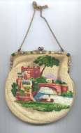 Micro Petitpoint DOUBLE Figural/Scenic of Castles, Village, Bridge, Lake and Boat with Man w/ Jeweled and Enameled Frame