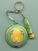 Fantastic Tango Vanity Purse and Lipstick in RARE Two-Tone Yellow and Mint Green with Pink Roses