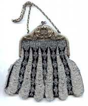 Stunning Victorian 	Silver and Black Swag Purse with Ornately Filigreed Frame and Jeweled Clasp