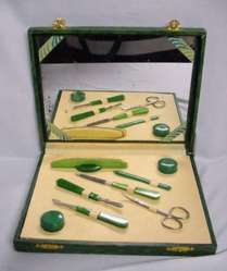 Green Celluloid Deco Traveling Manicure Set with Original Mirrored Box