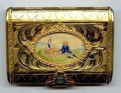 Italy Sterling Vermeil Compact with Hand-Painted Scene on Ivory Under Glass