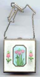 Lovely Enamel Guilloche Compact with Pink Bell Flowers on Front