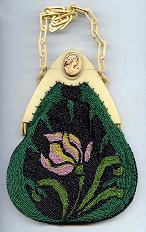 Lovely Iris Beaded Purse w/ Carved Cameo Celluloid Frame