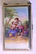 RARE Hand-Painted Romantic Scene on Enamel Guilloche Gold Vermeil Sterling Silver Vanity - Signed Kodica, Germany