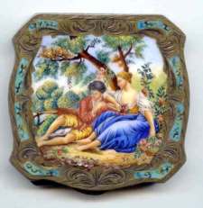 Italian Sterling Vermeil Fantastic Jeweled Compact with Hand-Painted Scene on Ivory Beneath Beveled Glass ~ Scalloped Shape ~