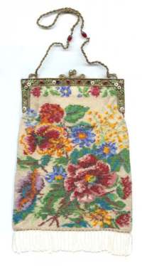 Gorgeous Micro-Beaded Floral Purse with Jeweled and Enameled Frame PLUS Jeweled Handle