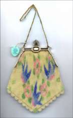 Rare Whiting and Davis Baby Dresden Mesh Purse with Bluebirds, Jeweled Frame, and Original Tag