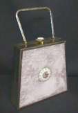 RARE Pink Tyrolean Lucite Purse with Romantic Couple Porcelain Jeweled Ornament on Front and Clasp