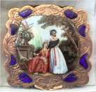 Sterling Vermeil Hallmarked Compact with RARE Figural Scene  of Two Ladies, Cat and Waterfall