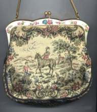 Figural Tapestry Purse with Horse, People and Dogs by La Marquise with Enameled Frame