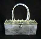 Pretty Grey Marble Swirl Lucite Purse with Carved Crystal Lid and Split Loop Handle