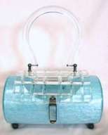 RARE Aqua Blue Cylinder Lucite Purse with Carved Crystal Lid