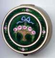 Deep Emerald Green Enamel Guilloche Compact w/ Basket of Roses and Blue Ribbon