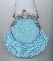 Mid-1800's Baby-Blue Beaded Piecrust Purse with Figural Lady's Head in Silver Frame