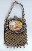 French Victorian Chatelaine Mesh Purse with Hand-Painted Figural Scene "Fishing to Music" ~ Signed by Artist ~