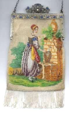 Figural Lady at Fountain Beaded Purse with Trinity Plate Jeweled Frame