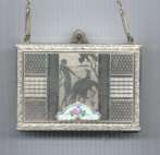 Art Nouveau Figural Vanity Purse with Lady and Whippet Dogs, Enameled Decoration