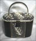 Gilli Jet Black Lucite Purse with Carved Crystal Lid and Center Panel, Two-Tone Handle
