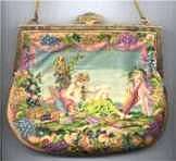 Maud Hundley Signed Micro-Petitpoint Purse with Cherubs and Baskets of Grapes and Flowers with Jeweled Frame