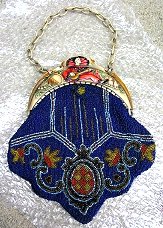 Gorgeous Deco Beaded Purse Made in France with Figural Pierrot Carved Celluloid Frame