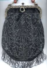 Micro-Beaded Black Purse w/Silver Designs and Figural Filigree Frame - 2 Jewel Beads in Handle